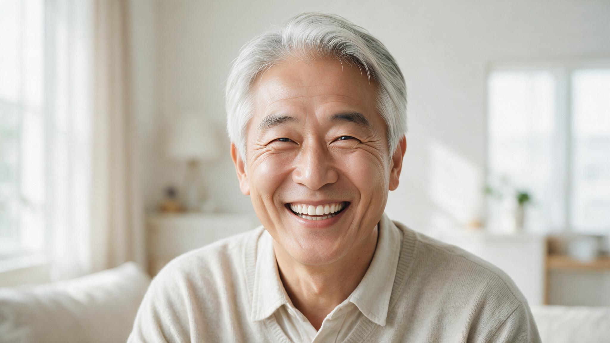 임플란트 치료 후 건강한 자연치아로 환하게 웃는 시니어 환자의 모습