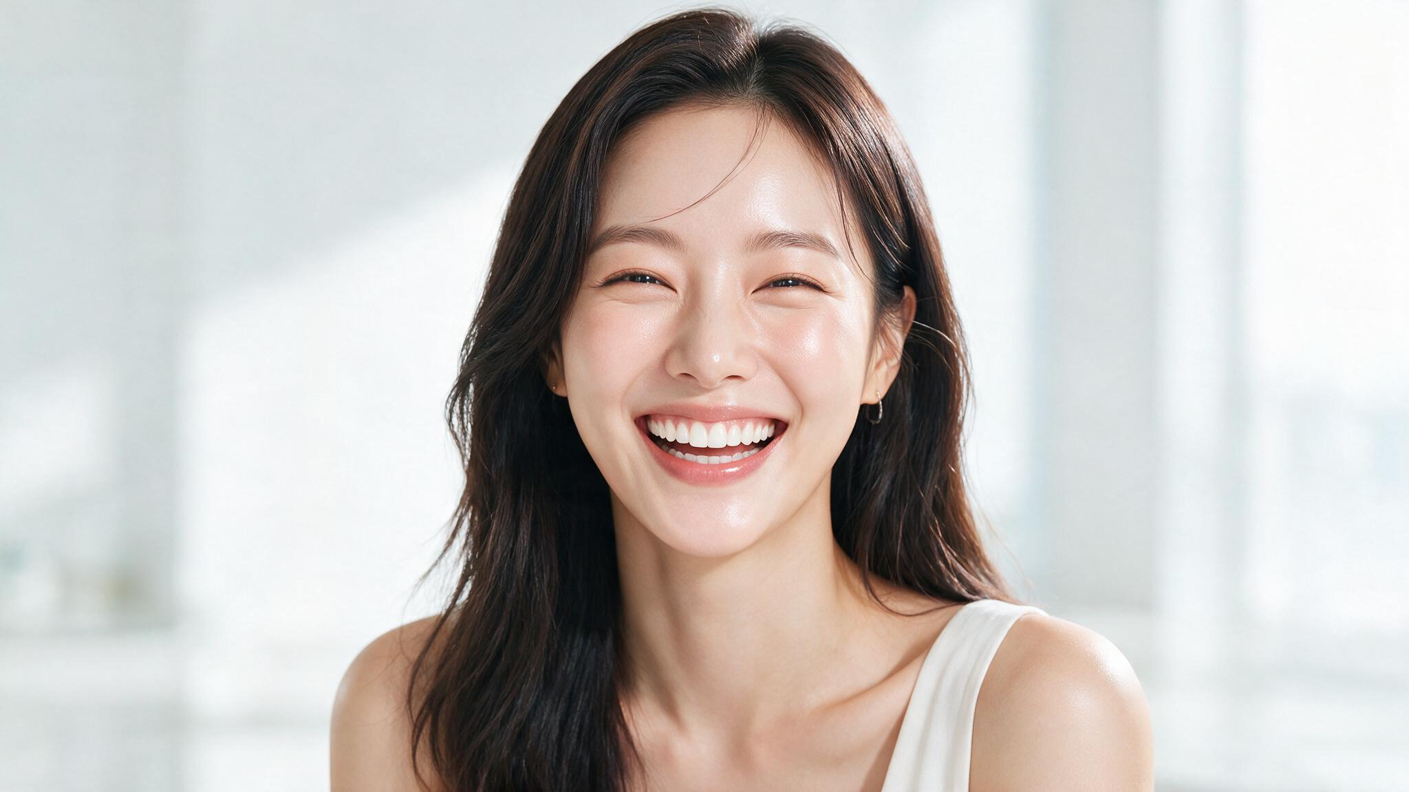 라미네이트로 하얗고 가지런한 앞니를 되찾아 환하게 웃는 환자의 모습