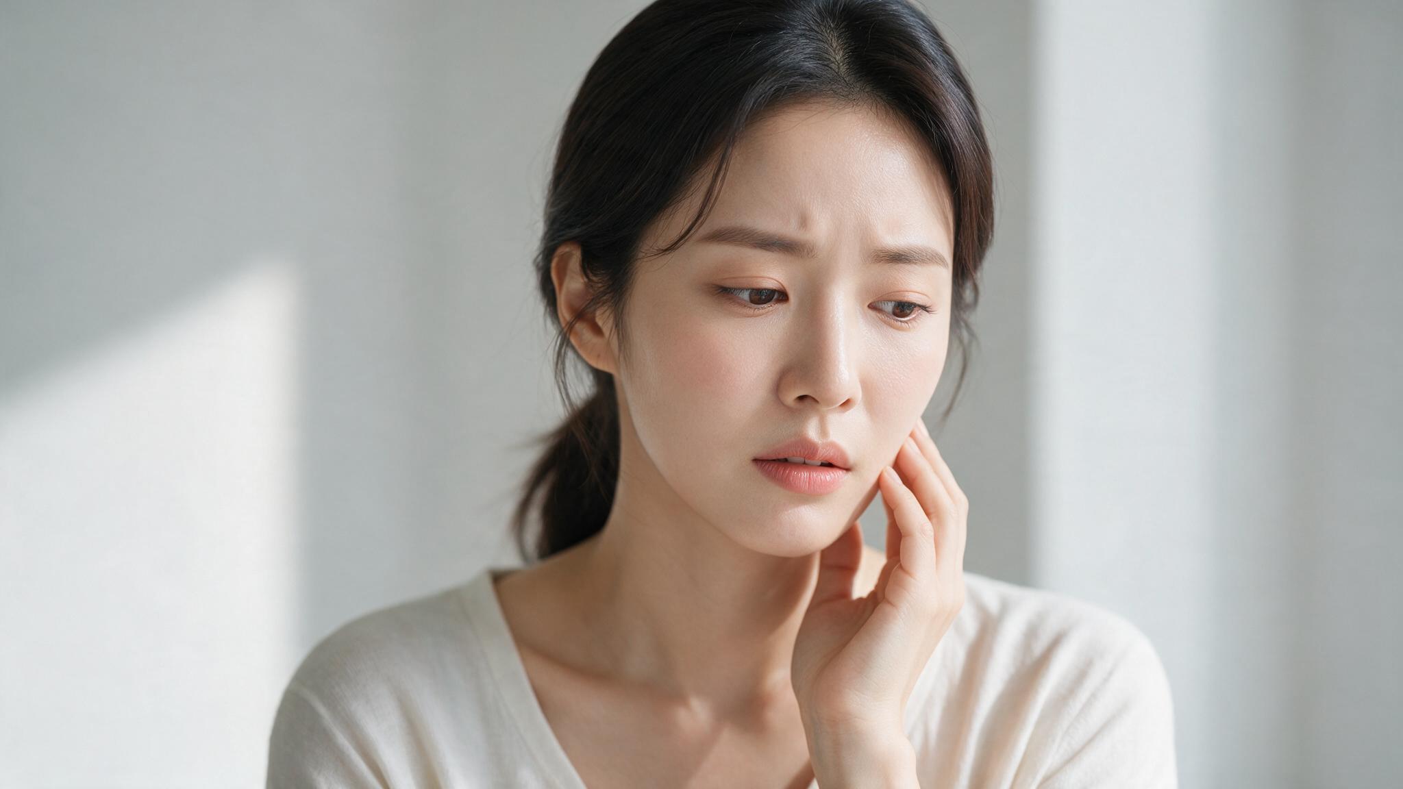 깊은 충치와 시린 증상으로 치아를 걱정하며 고민하는 환자의 모습